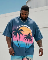 Big Boy Street Fashion Dusk Coconut Tree Print Short Sleeve T-Shirt Shorts Suit